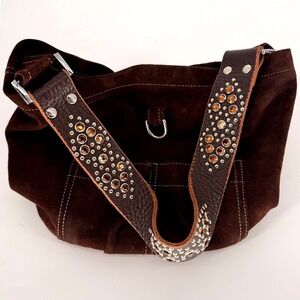 Tylie Malibu Brown Suede Studded Crystal Leather Strap Hobo Shoulder Bag